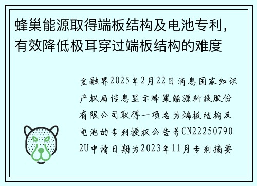 蜂巢能源取得端板结构及电池专利，有效降低极耳穿过端板结构的难度