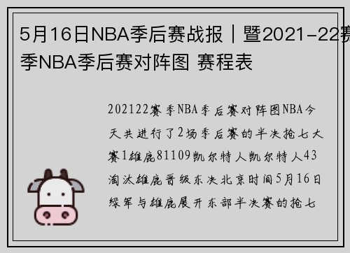 5月16日NBA季后赛战报｜暨2021-22赛季NBA季后赛对阵图 赛程表