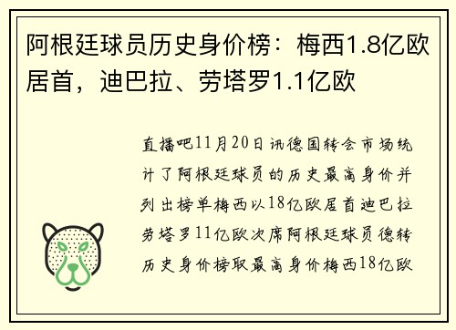 阿根廷球员历史身价榜：梅西1.8亿欧居首，迪巴拉、劳塔罗1.1亿欧